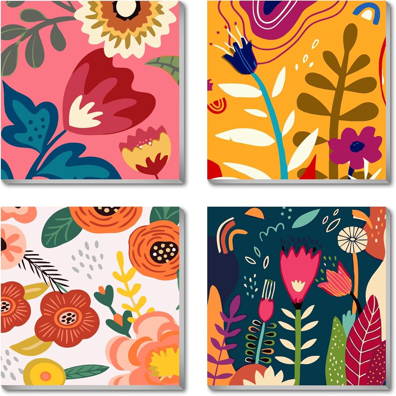 Flowers Paint by Numbers Kit for Adults – 4-Pack DIY Canvas, 8x8 Inch, Framed